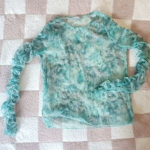 Zara EUC Ruched Long Sleeve Green Floral Mesh Top